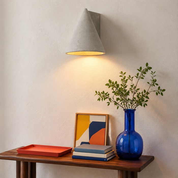 Een enkele, sculpturale wandlamp die een lege muur accentueert.