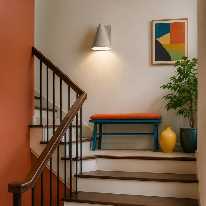 Een opvallende wandlamp op de overloop van de trap.