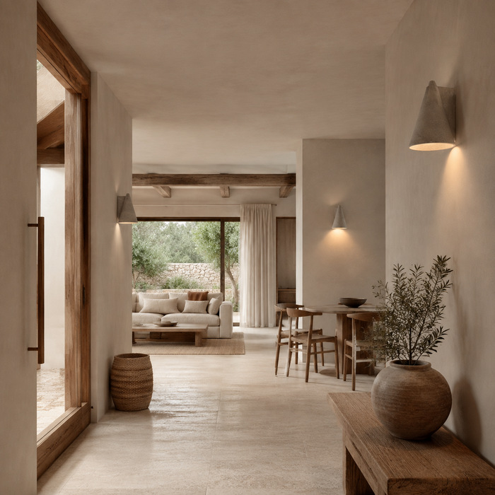 Ruime avondfoto van de woning met evenwichtige belichting.