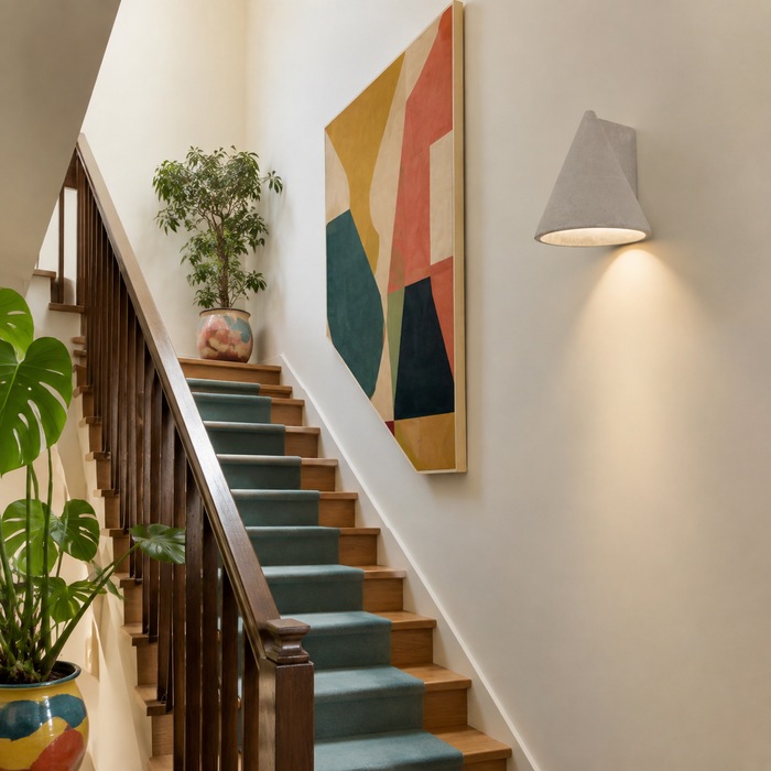 Wandlamp in evenwicht met een kunstwerk op de trap