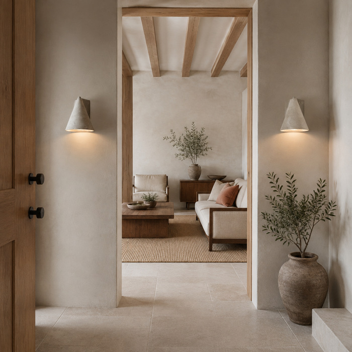 Een harmonieuze verlichting in de entree en woonkamer van een Airbnb-accommodatie.