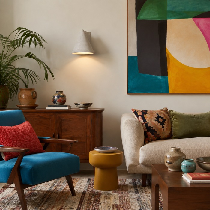 Betonnen wandlamp in een eclectische kamer