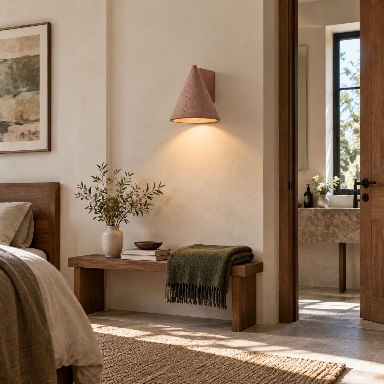 Baksteenrode betonnen wandlamp als opvallend accent in een hotelkamer