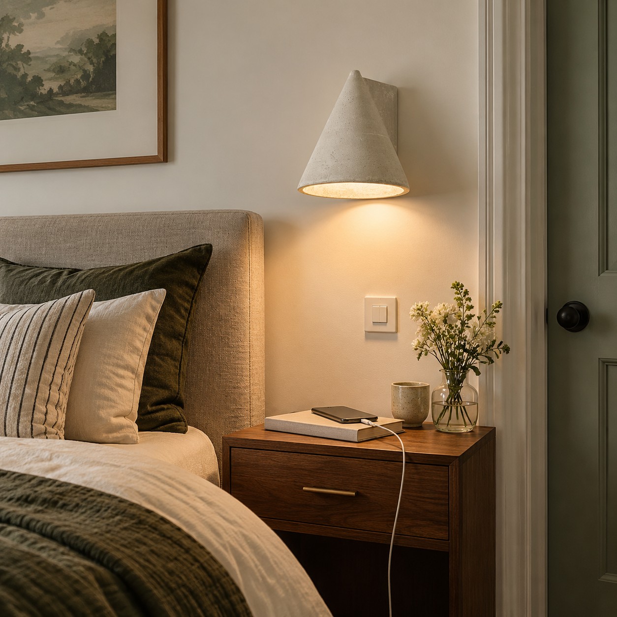 Rustig hotelbed met een toegankelijke wandlamp en een opgeruimd nachtkastje.
