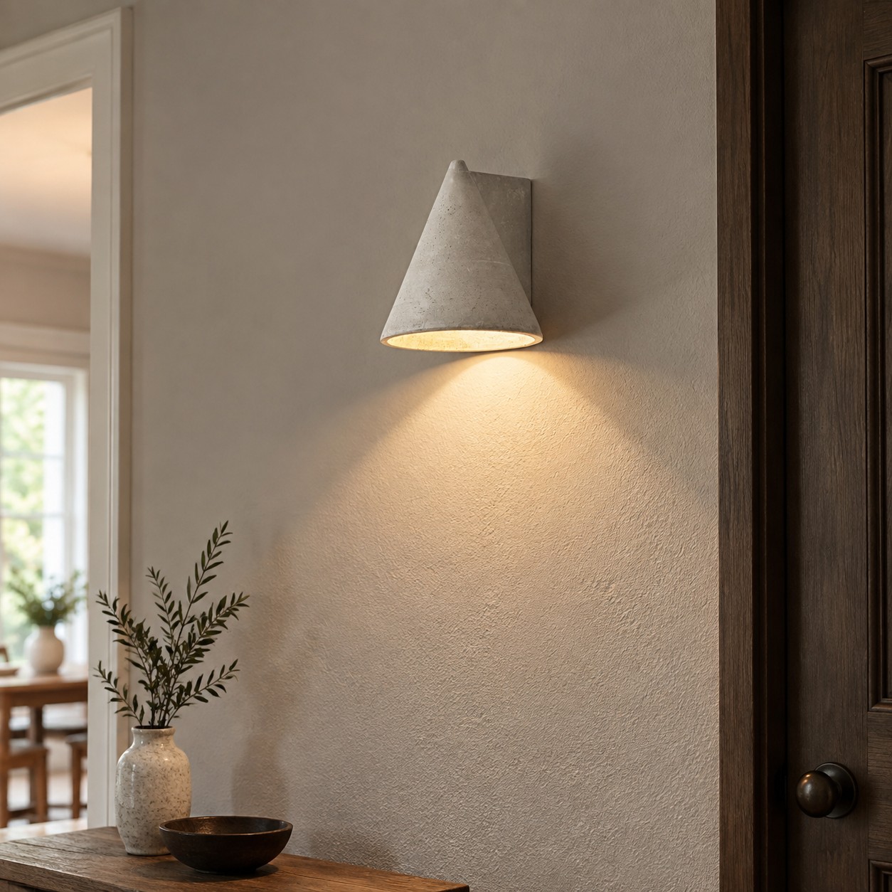 Warme schaduwen van de wandlamp verspreiden zich na zonsondergang over een neutrale muur met textuur.