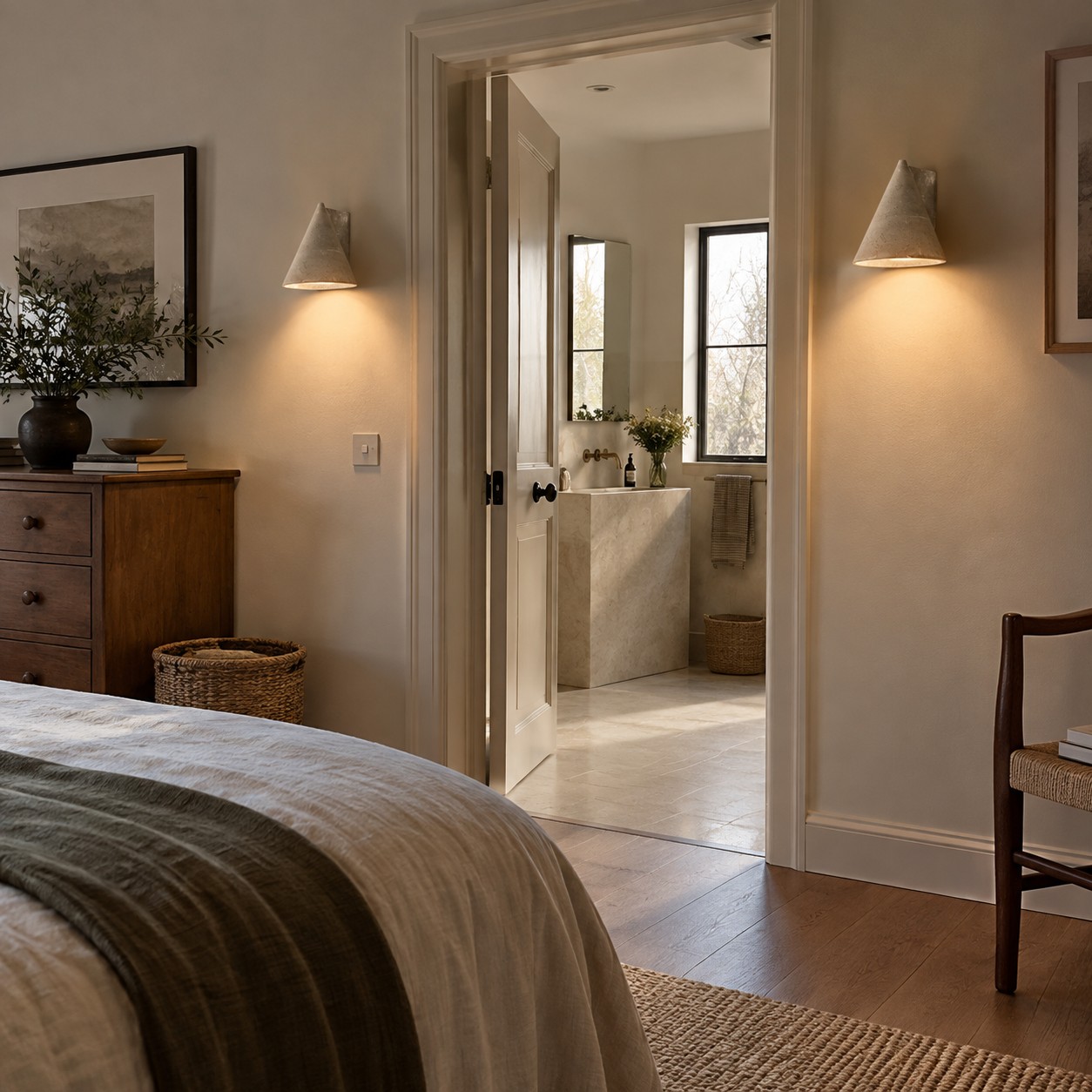 De zachte, warme wandverlichting verlicht 's nachts de route van het hotelbed naar de badkamer.