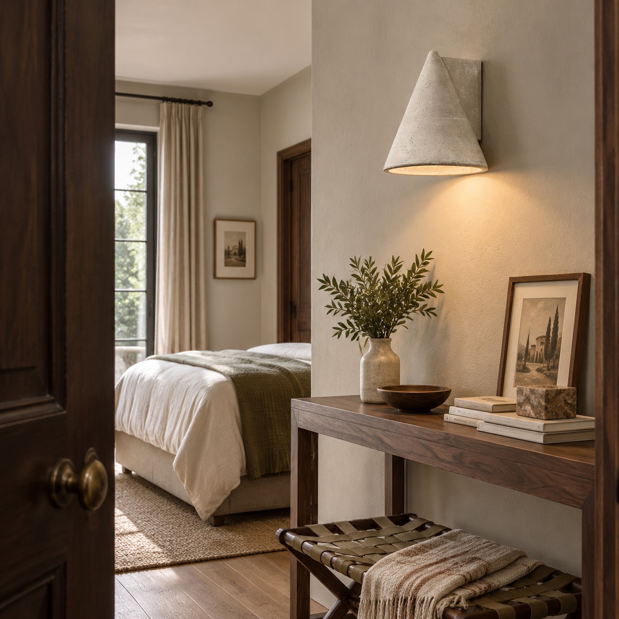 Het zicht vanaf de hotelingang eindigt bij een sfeervol verlichte betonnen wandlamp.