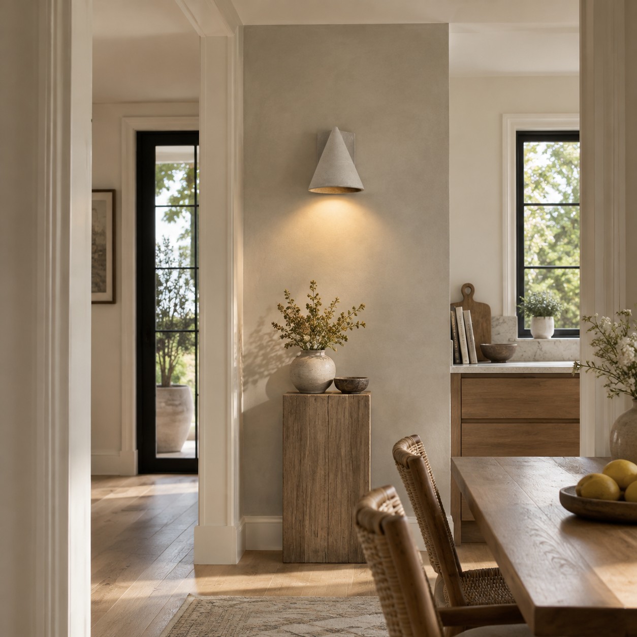 Uitzicht door een deuropening naar een enkele betonnen wandlamp aan het einde van een zichtlijn.