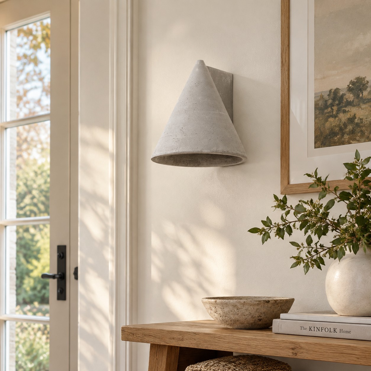 Een onverlichte, taps toelopende betonnen wandlamp die in het zachte ochtendlicht een sculpturaal effect creëert.