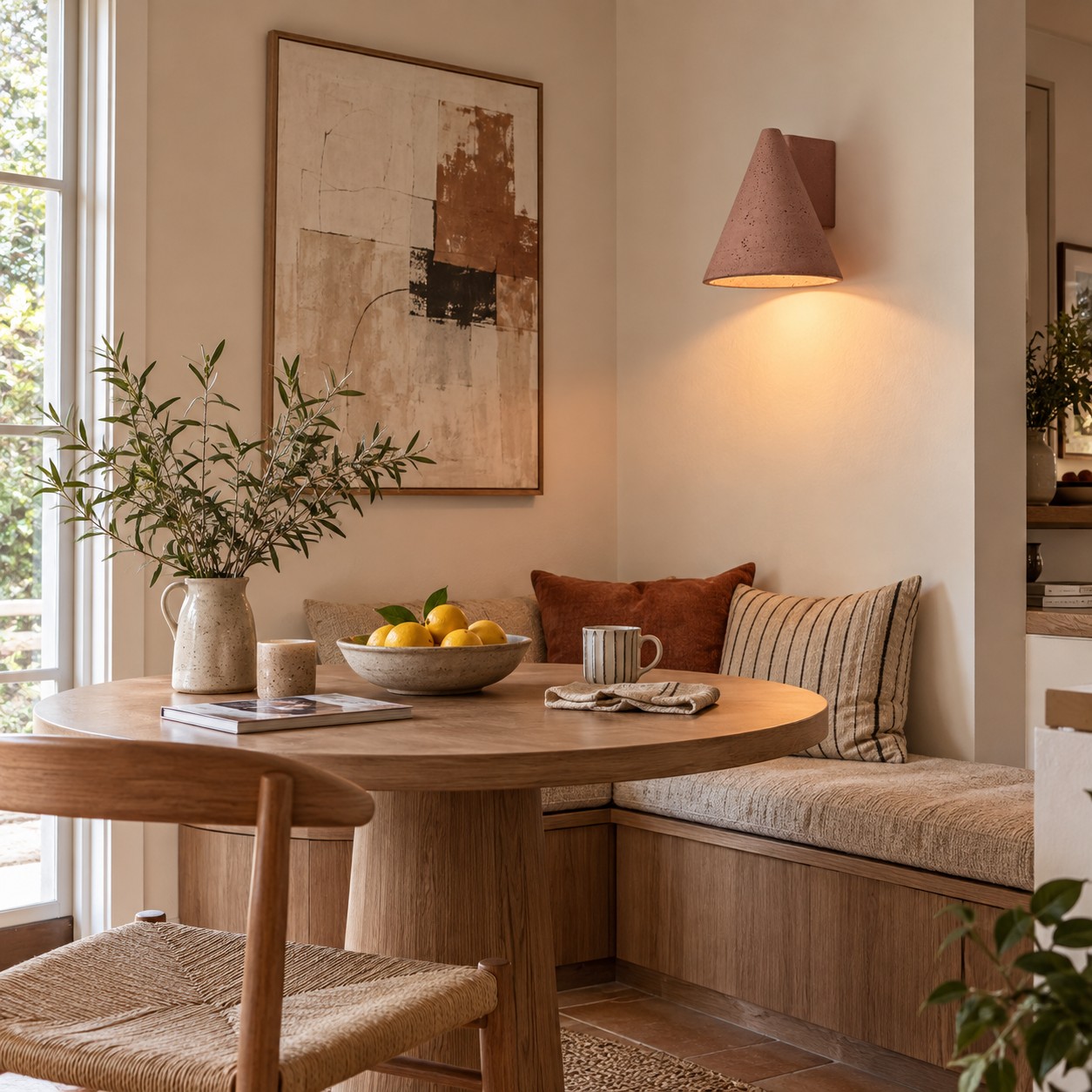 Wandlamp naast kunstwerk in een compacte eethoek