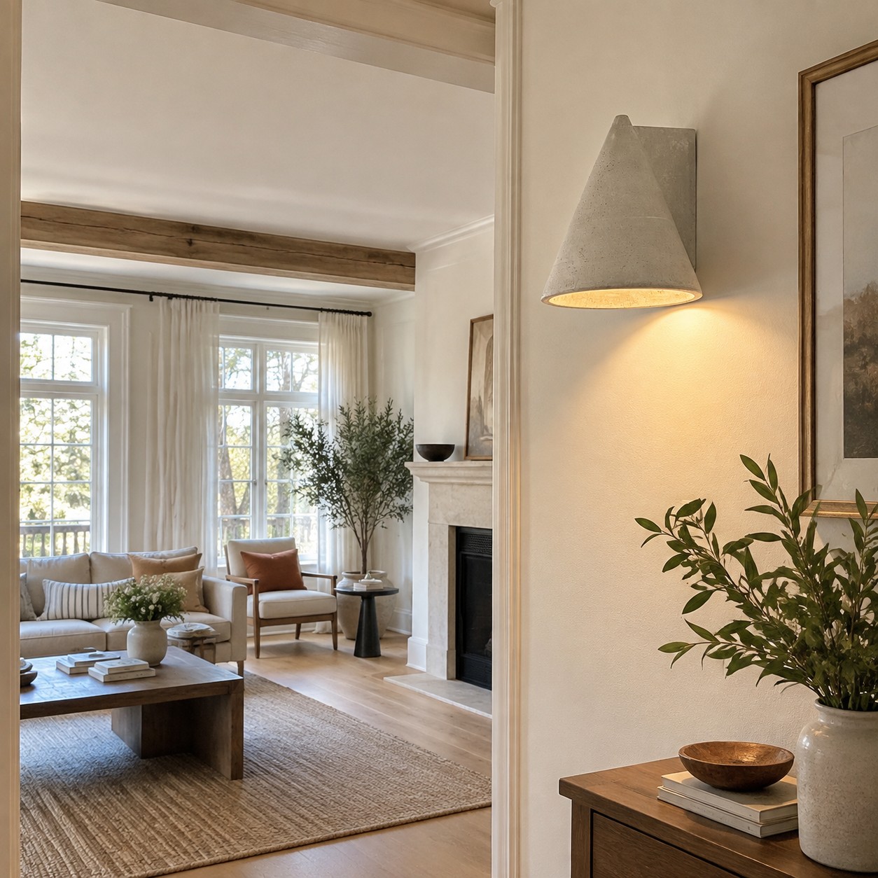 Wall sconce creating a focal point along the main doorway sightline