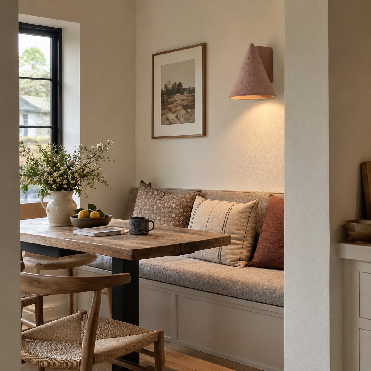 Wandlamp veilig geplaatst in een ondiepe nis in de zithoek.