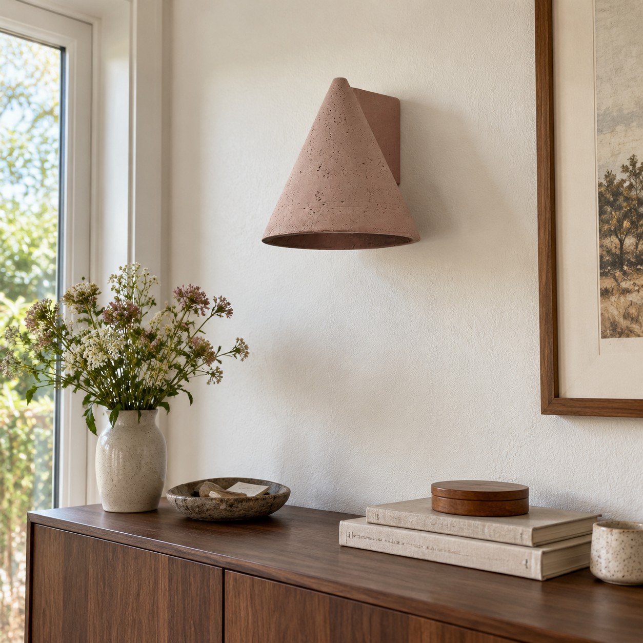 Compact concrete sconce with open wall space for its light halo