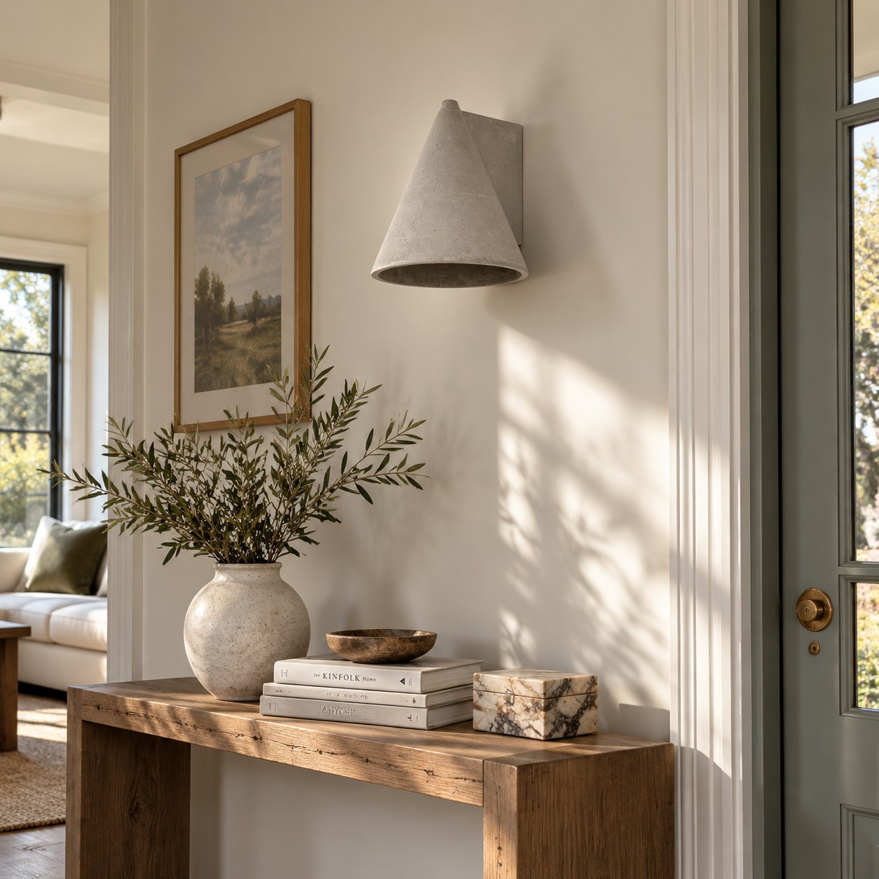Grijze betonnen wandlamp die diepte creëert op een verder eenvoudige muur