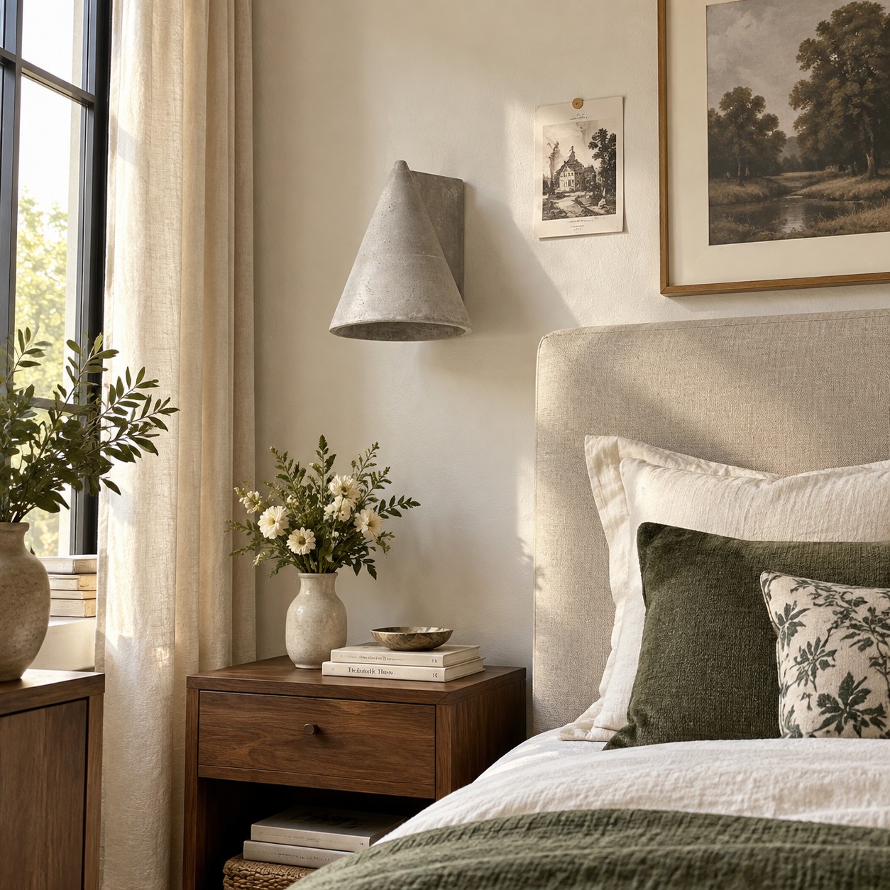 Een onverlichte betonnen wandlamp vormt een evenwicht in het warme en praktische interieur van de slaapkamer.