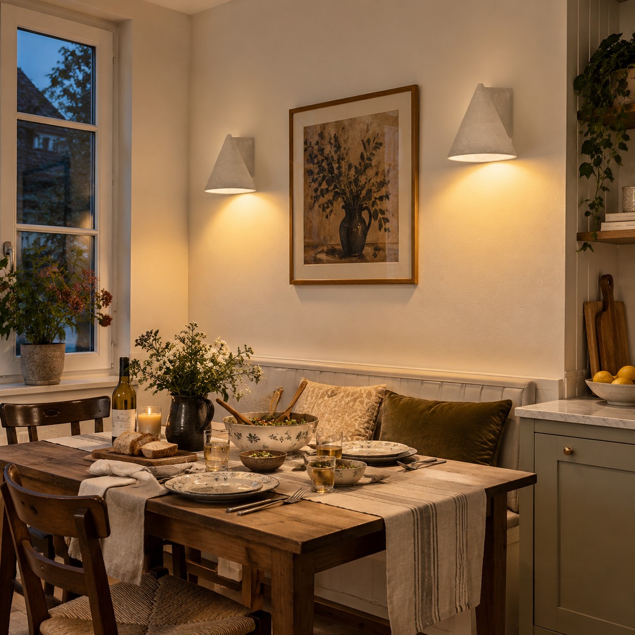 Warm wall lighting softening a dining area after dinner