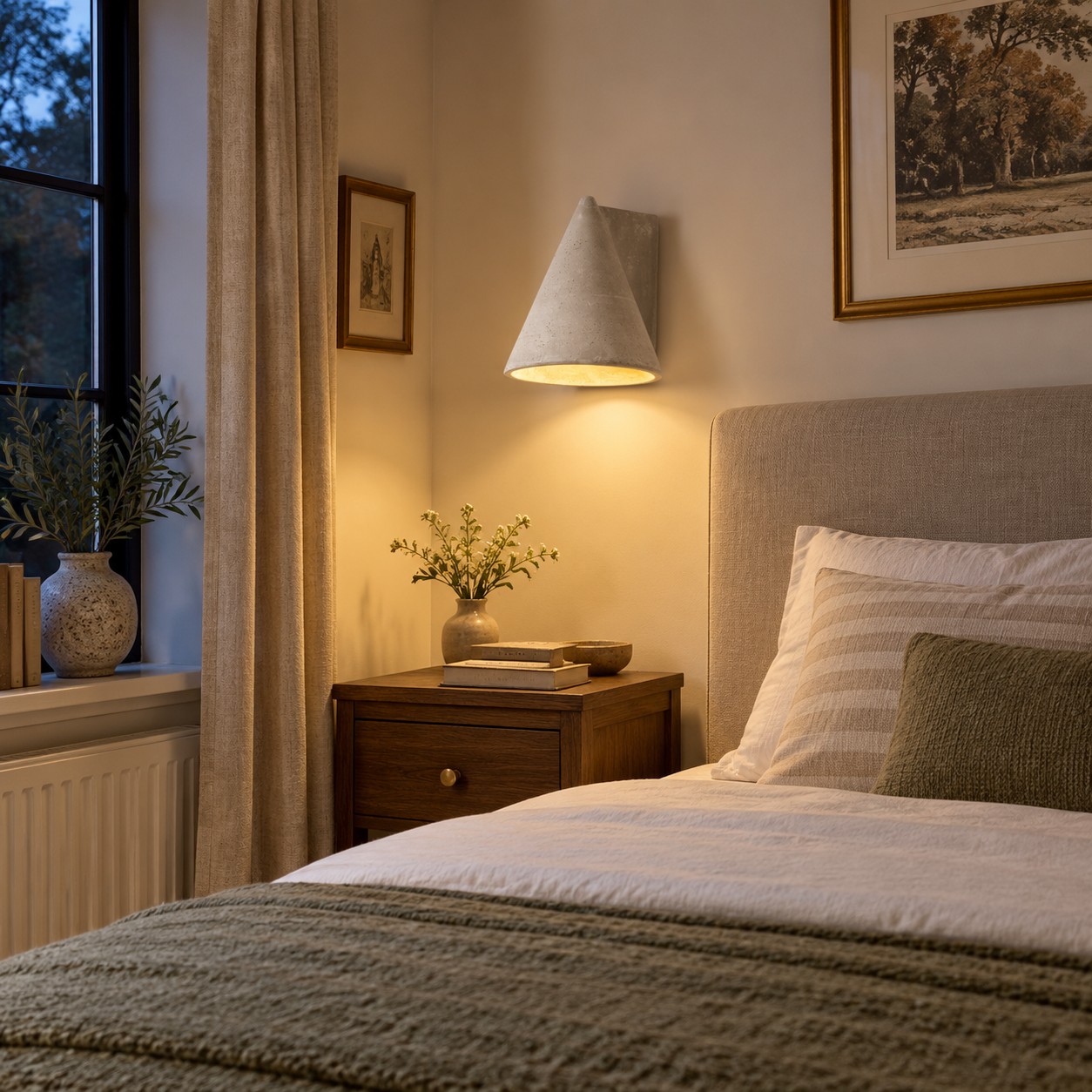Soft wall lighting and separate task light beside a bed