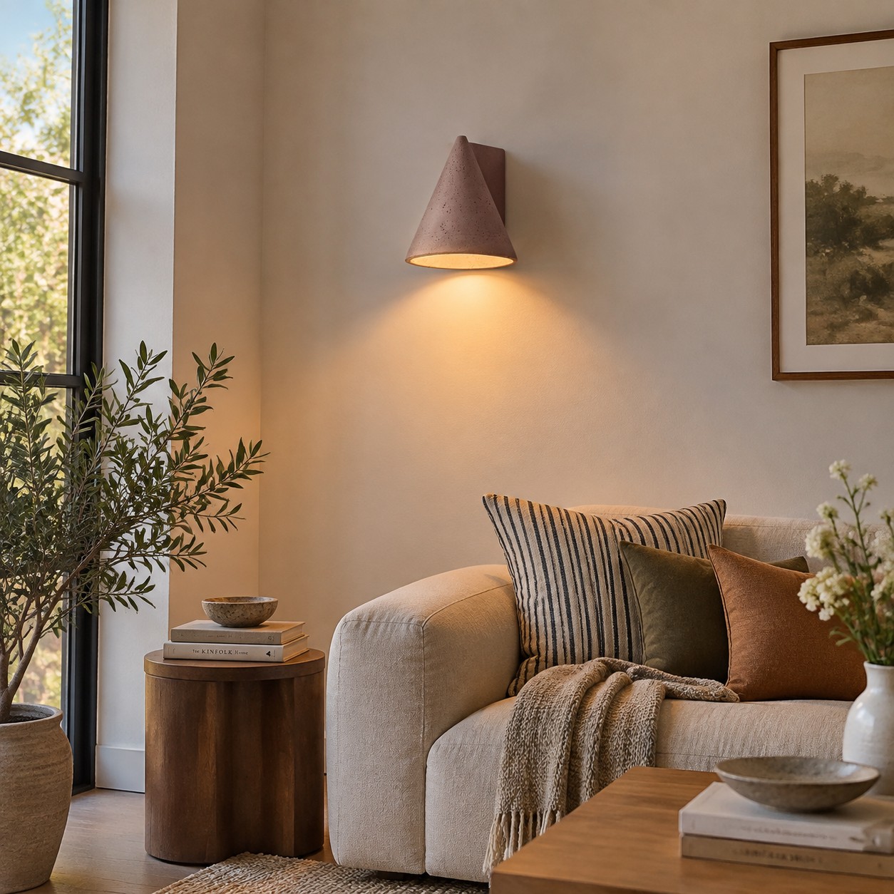 Sculptural brick-red wall light setting the evening mood