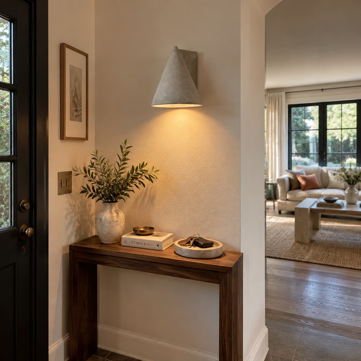 Wall sconce creating a gentle welcome in an evening entryway