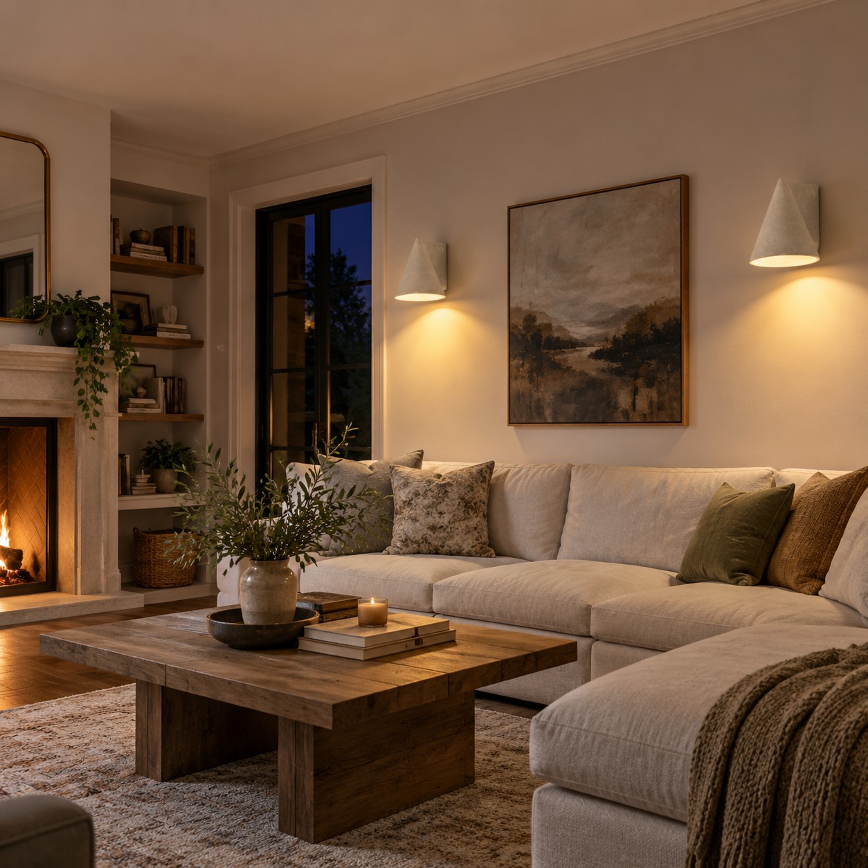 Overlapping pools of light making a large living room feel intimate