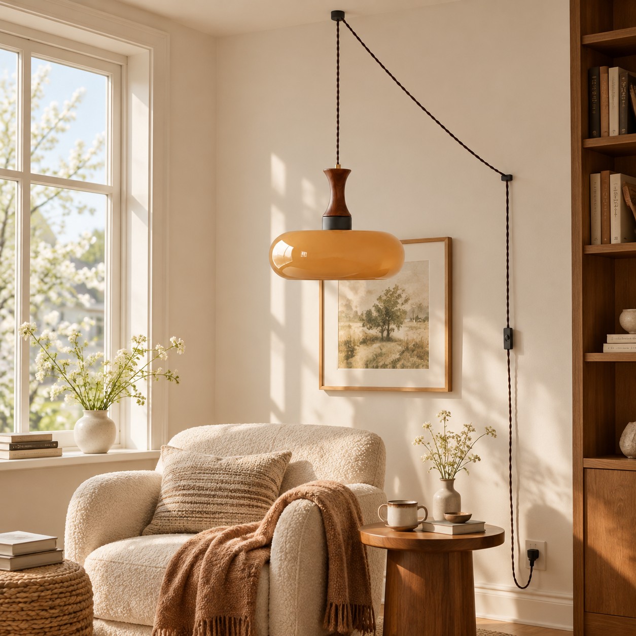 Lámpara Velora de vidrio y madera con enchufe junto a un sillón.