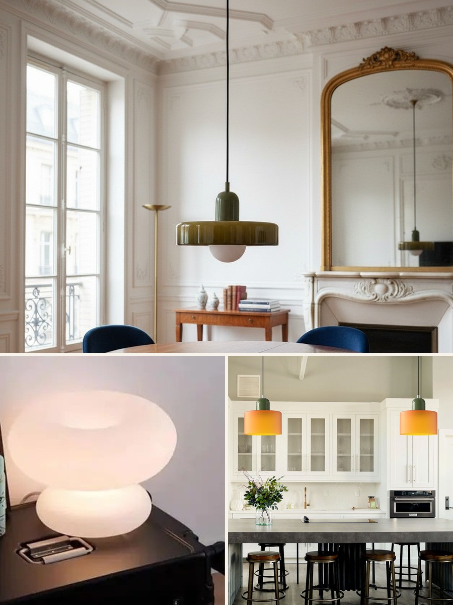 Tres lámparas Bauhaus: disco de cristal, seta y vidrio de color