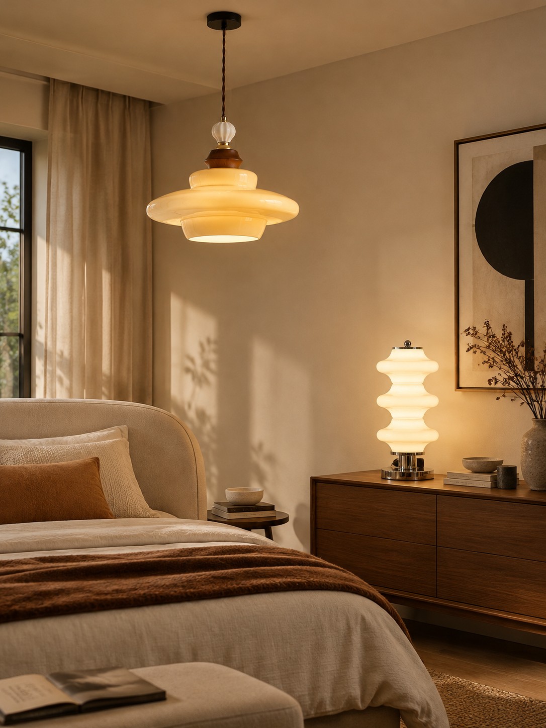Bauhaus stacked glass pendant and ribbed glass lamp