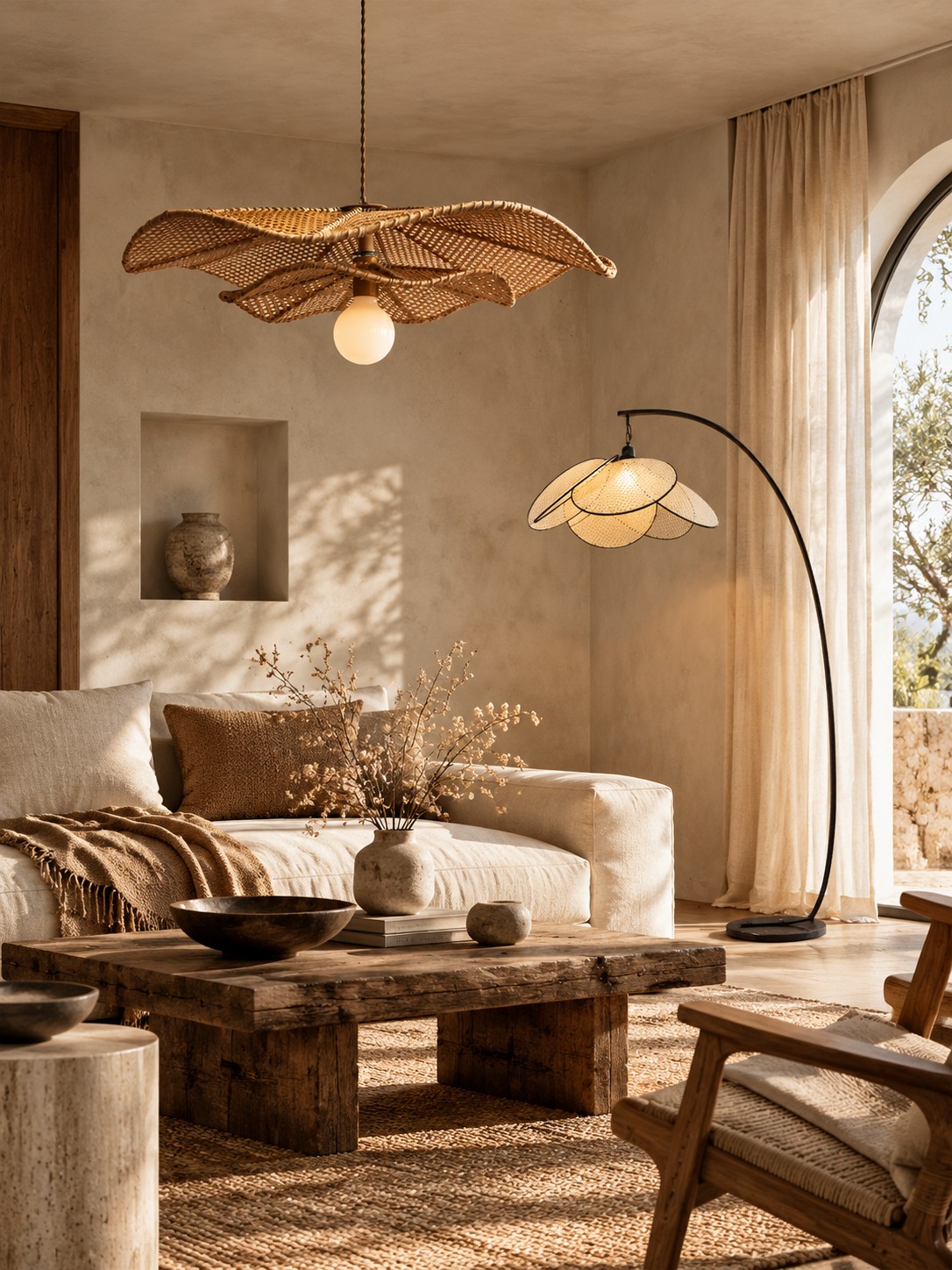 Wabi-sabi rattan pendant and petal floor lamp