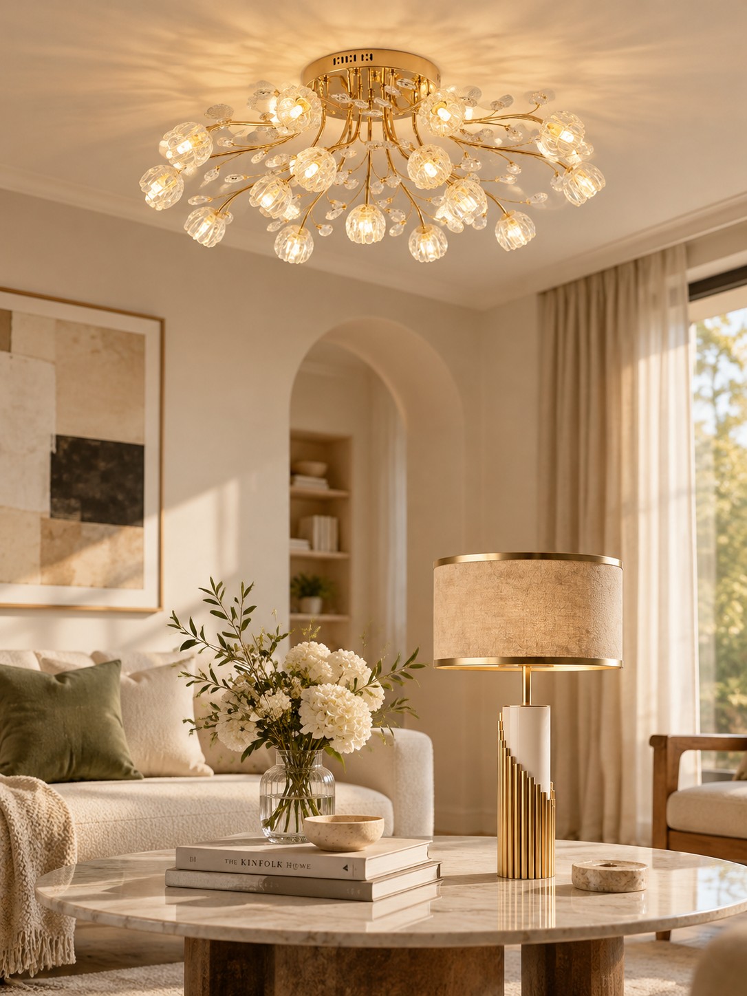 Nordic crystal ceiling light and brass table lamp