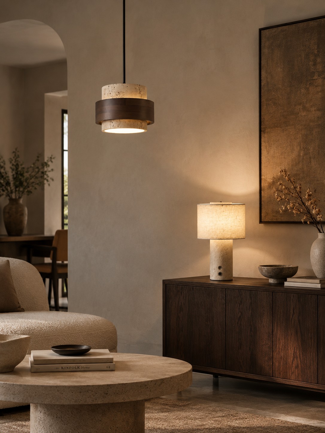 Travertine and walnut stacked pendant