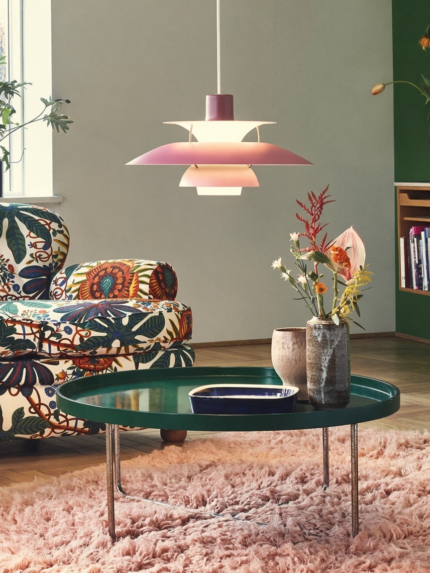 Lámpara rosa por capas en un salón
