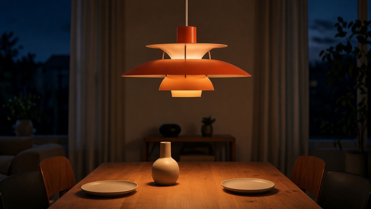 Lámpara colgante por capas encendida sobre una mesa de comedor