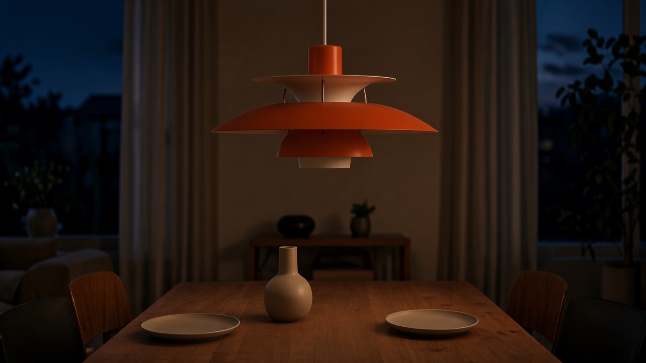 Lámpara colgante por capas apagada sobre una mesa de comedor