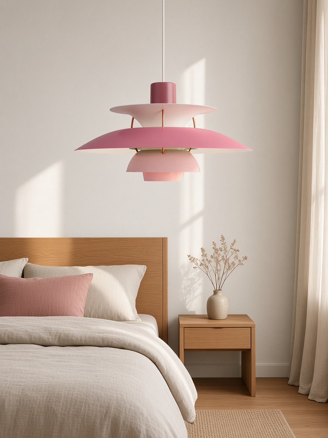 Lámpara rosa por capas en un dormitorio