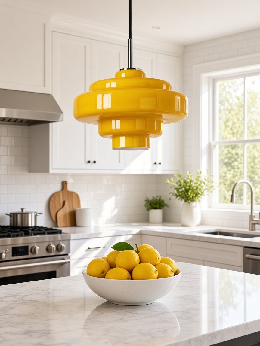 Lámpara de cristal amarillo sobre una isla de cocina