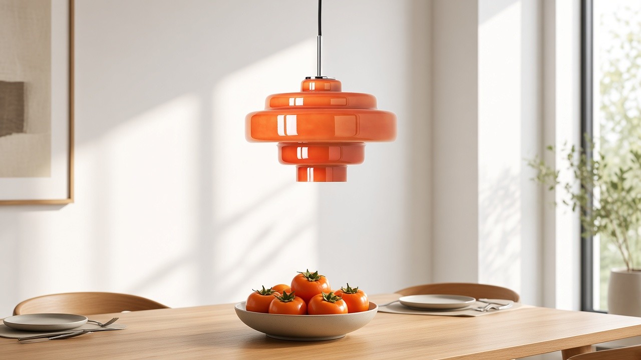 Lámpara de cristal naranja sobre una mesa de comedor