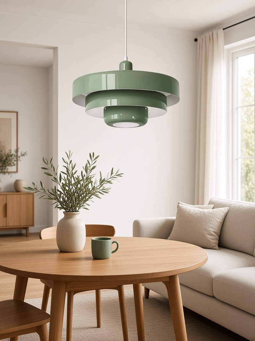 Lampadario a sospensione a tre livelli color verde salvia accanto a un tavolino da divano.