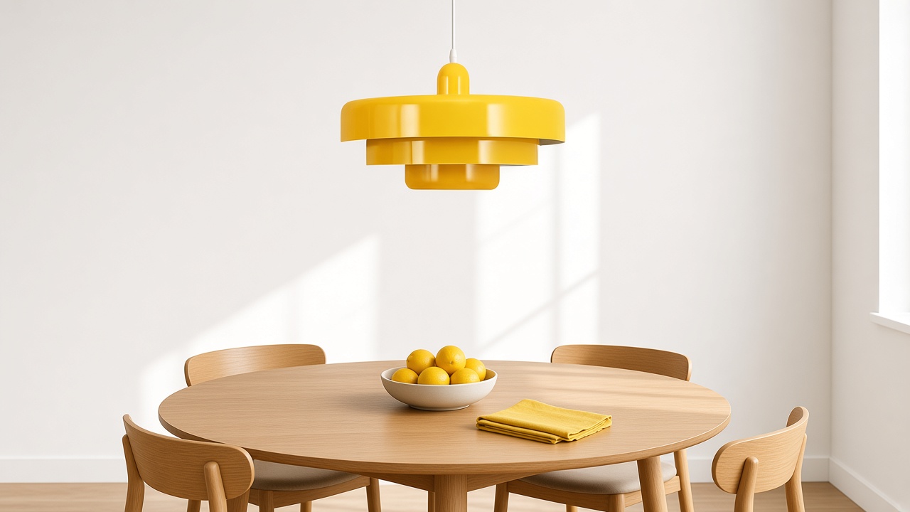 Lampadario a sospensione giallo a tre livelli sopra un tavolo da pranzo rotondo.