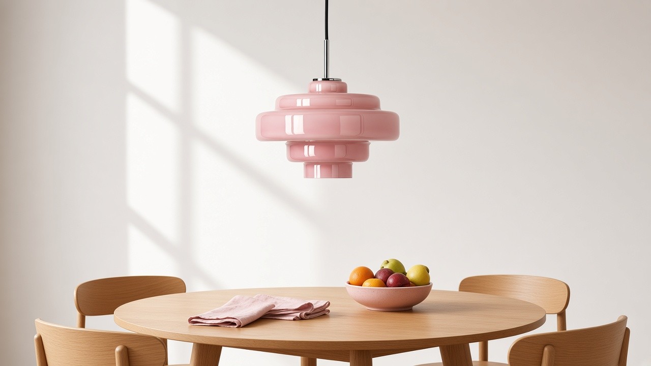 Lámpara colgante rosa de tres niveles de cristal sobre una mesa de comedor