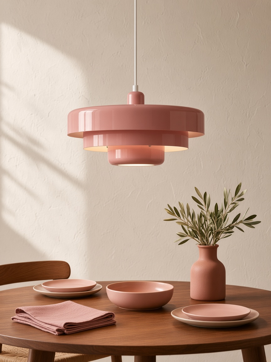 Lampadario a sospensione rosa a tre livelli sopra un tavolo da pranzo.