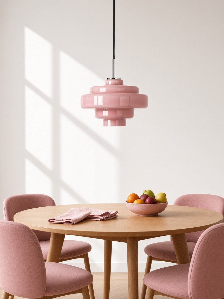 Lámpara de cristal rosa sobre una mesa de comedor