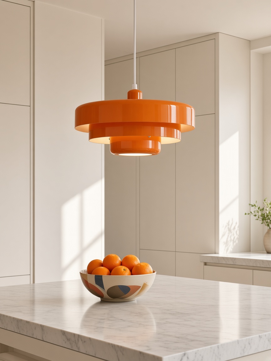 Lampadario a sospensione arancione a tre livelli sopra un'isola della cucina.