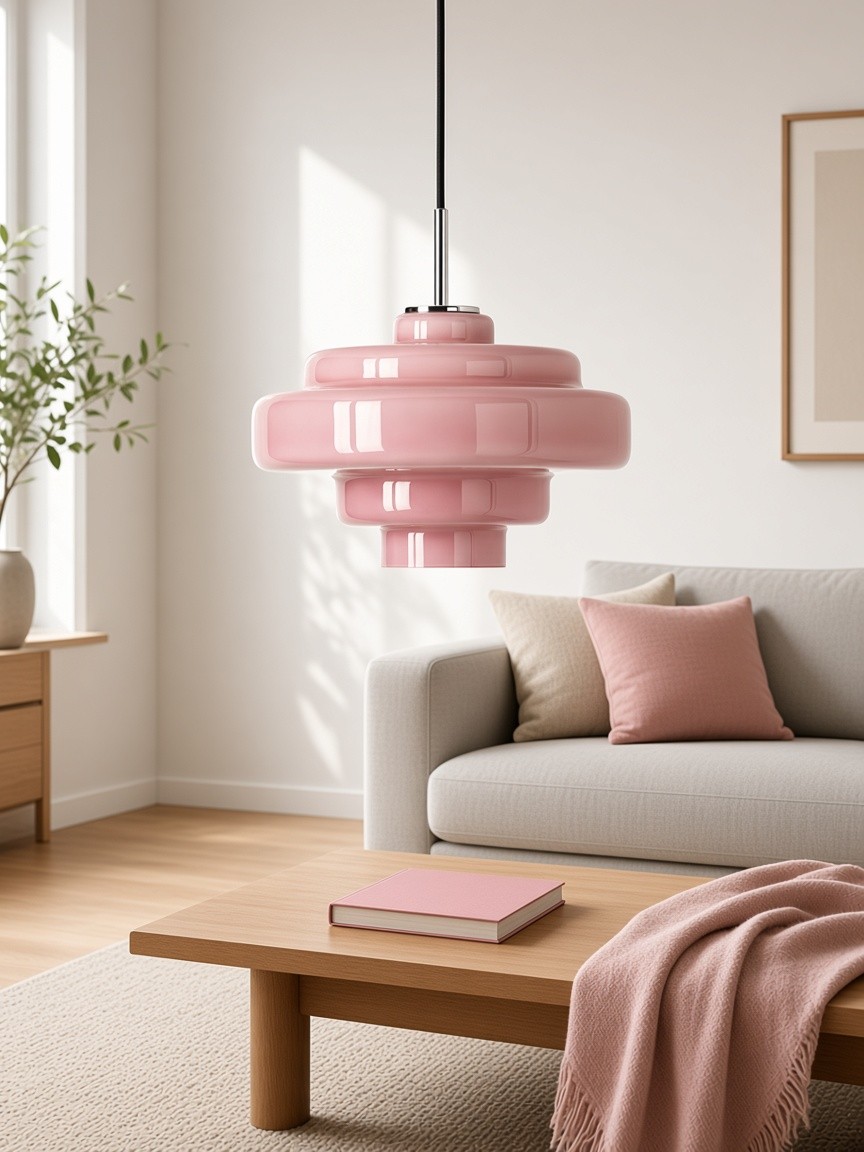 Lámpara de cristal rosa sobre una mesa de salón
