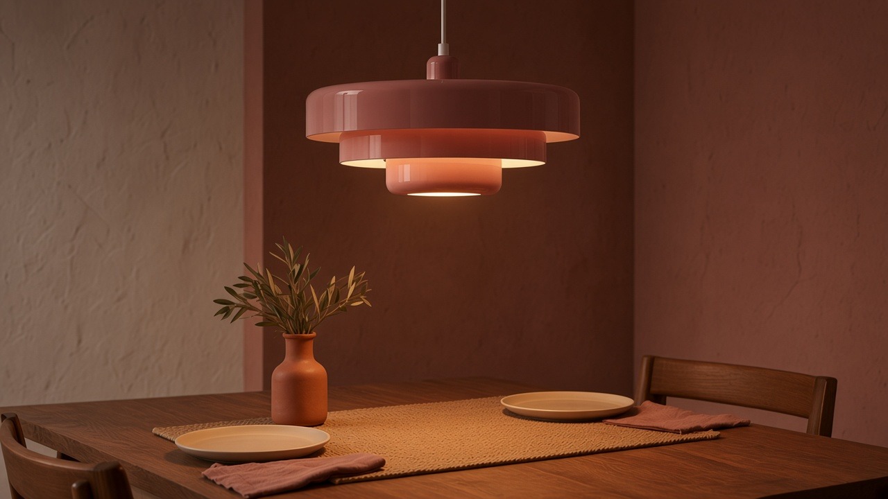 Lampadario a sospensione rosa a tre livelli illuminato sopra un tavolo da pranzo.