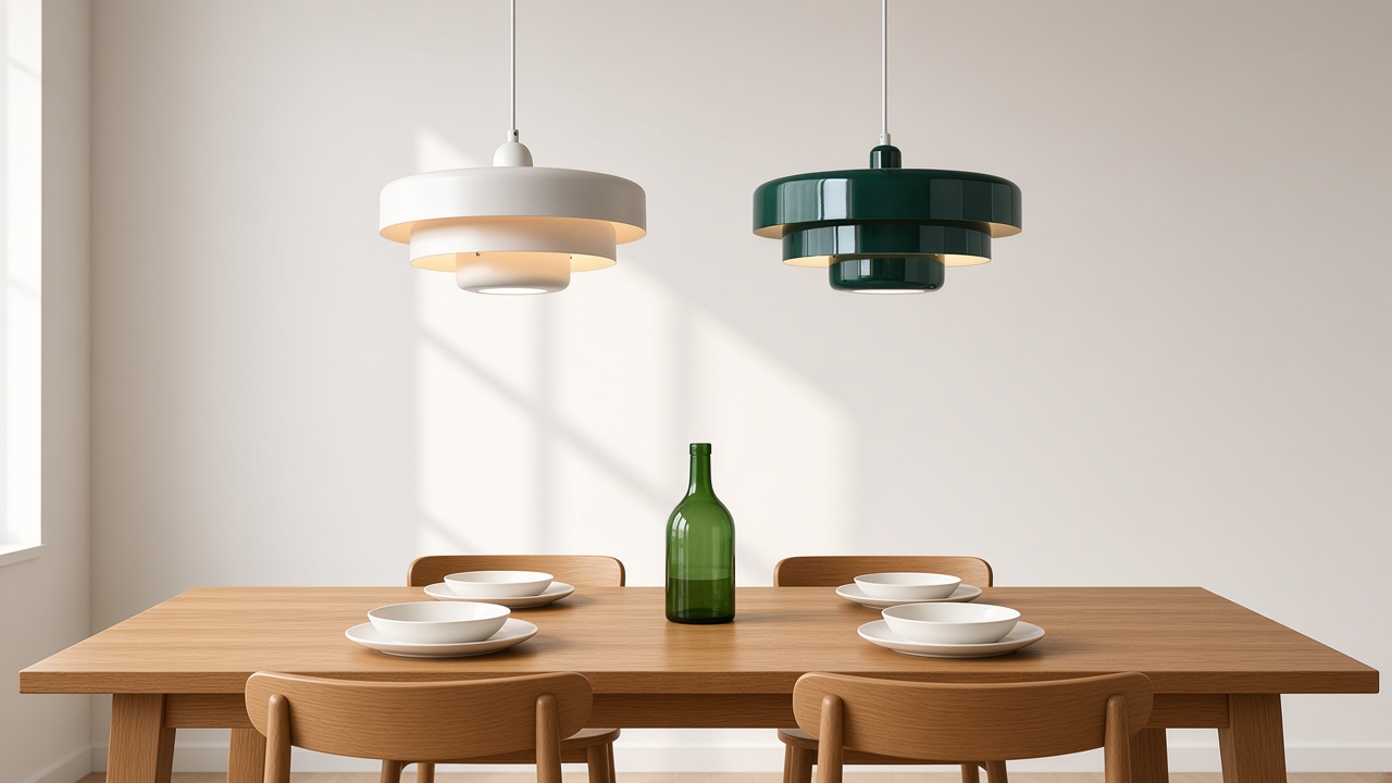 Lampade a sospensione bianche e verde scuro sopra un lungo tavolo da pranzo