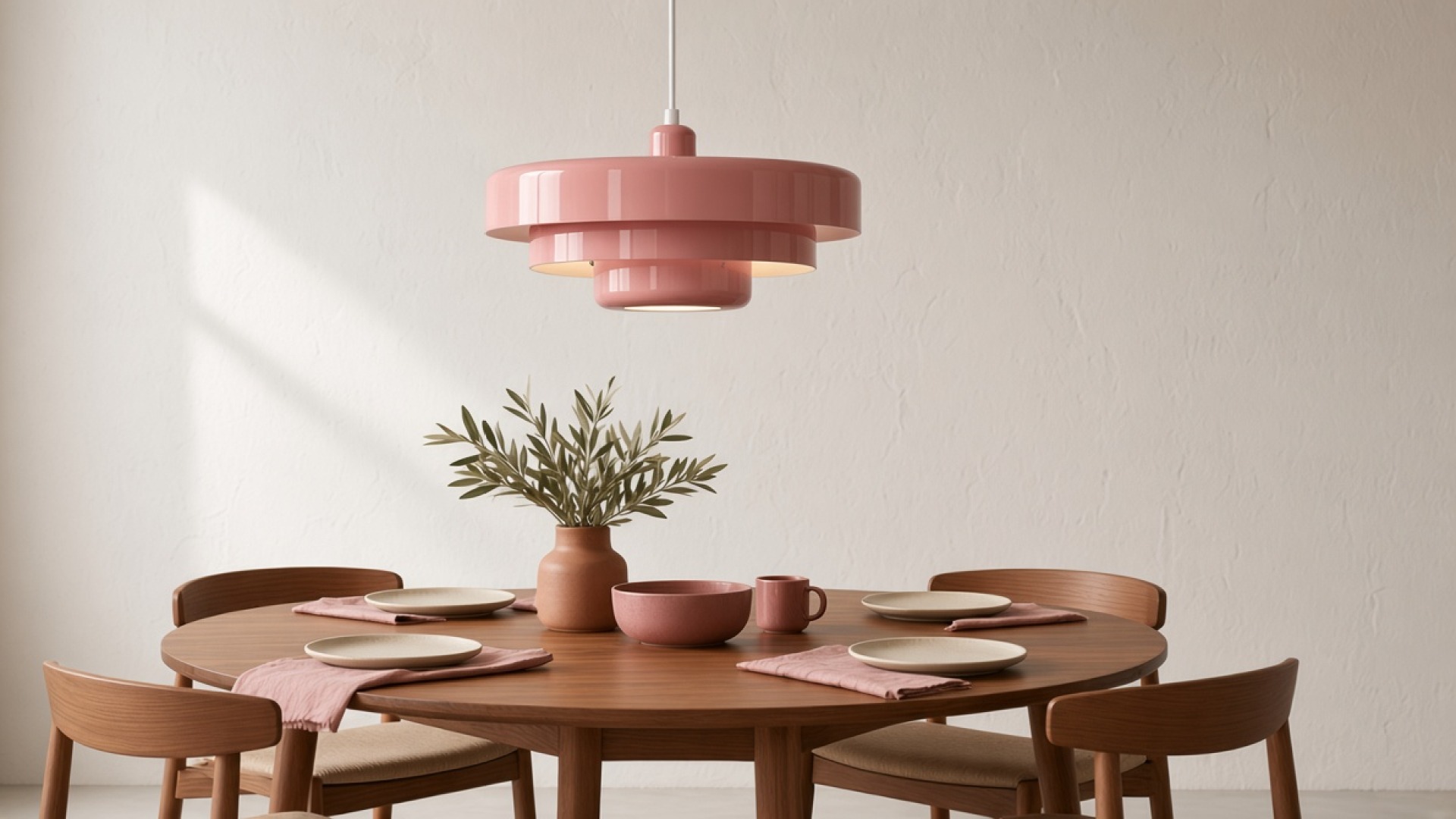 Lampadario a sospensione a tre livelli color rosa antico sopra un tavolo da pranzo.