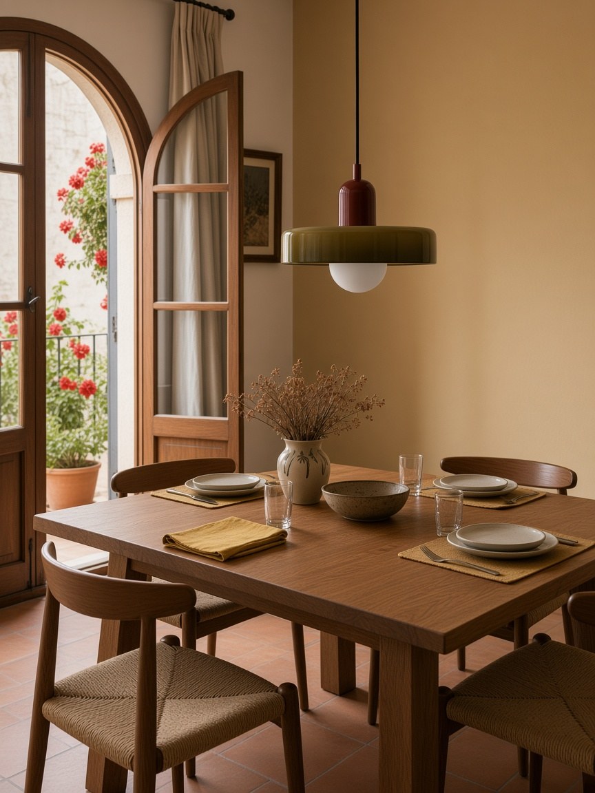 Un lampadario a sospensione a disco giallo-rosso sopra un tavolo da pranzo.