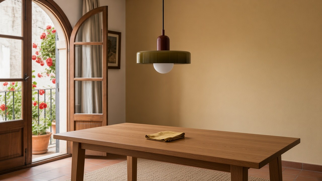 Un lampadario a sospensione a disco giallo-rosso sopra un tavolo da pranzo rettangolare.