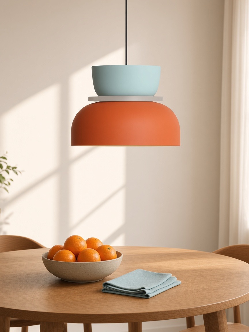 Pendente Macaron azul claro e laranja sobre uma mesa de jantar com laranjas.