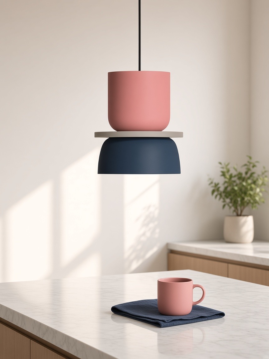 Pendente Macaron rosa e azul-marinho sobre uma ilha de cozinha